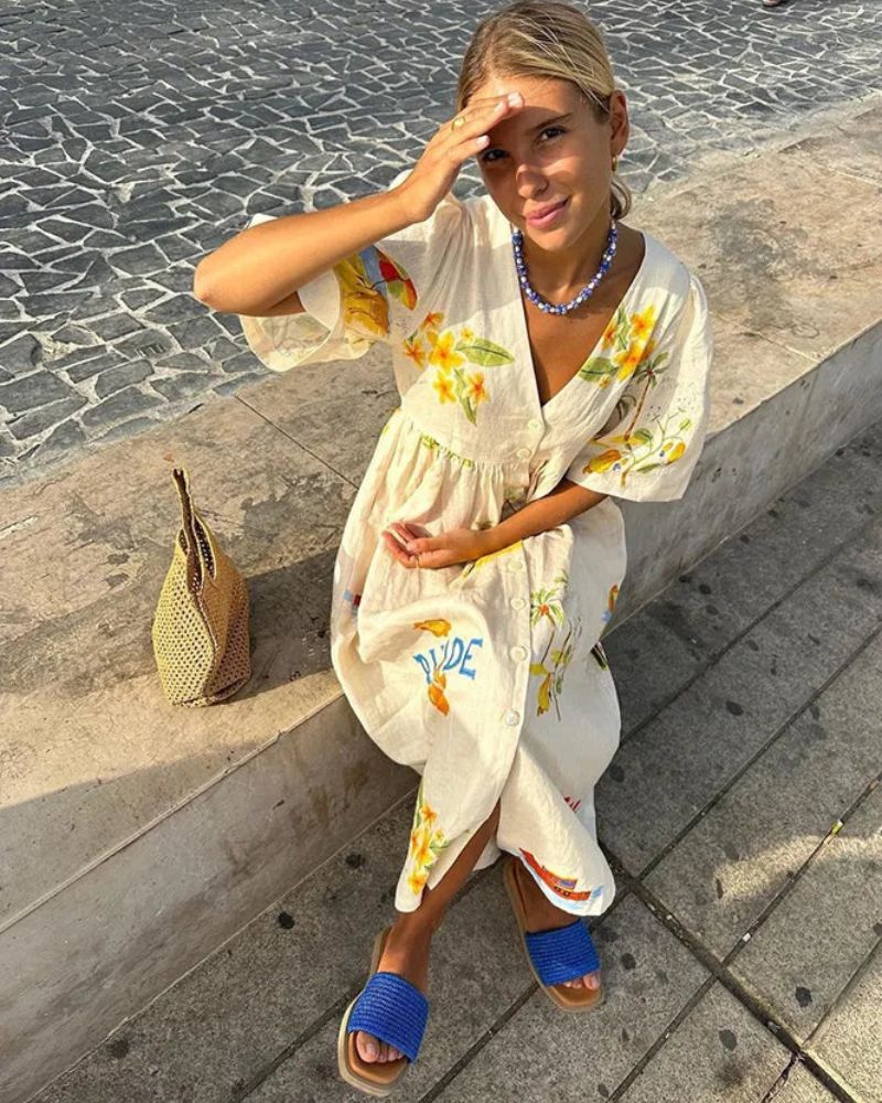 SOLÈNE™ | Vestido de Lino con Estampado