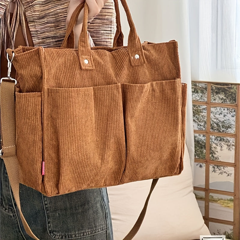 Bolso Tote de Terciopelo Acanalado con Bolsillos