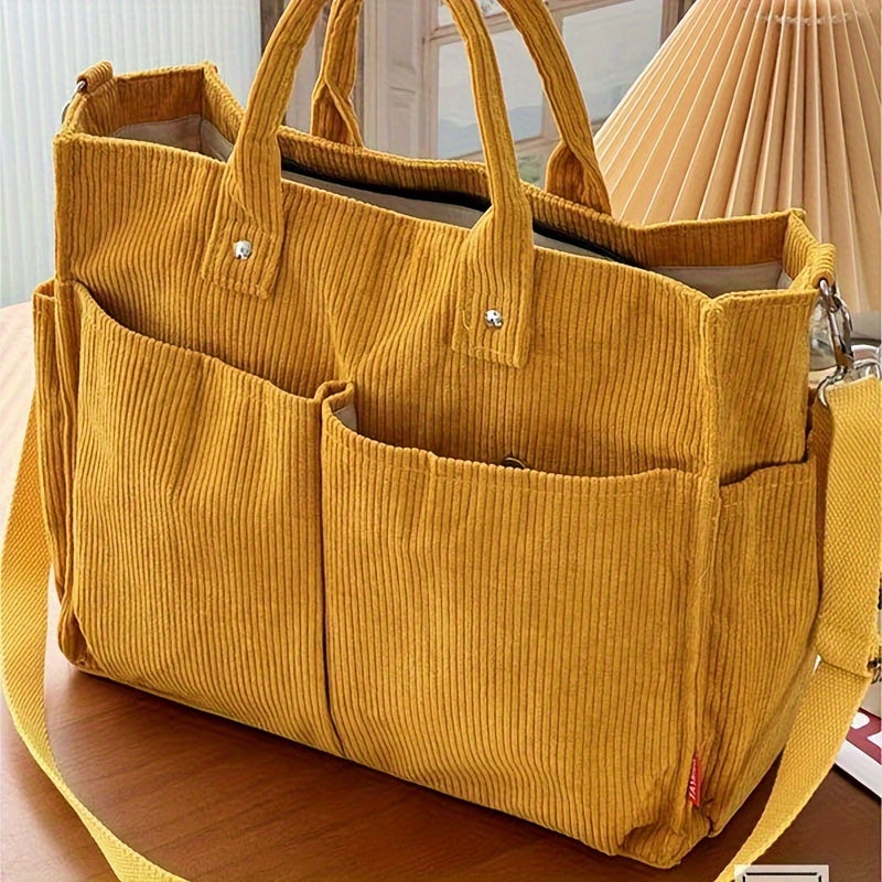 Bolso Tote de Terciopelo Acanalado con Bolsillos