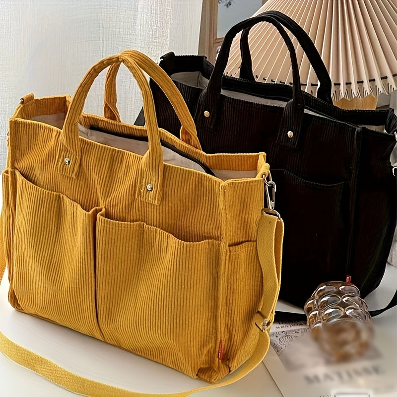 Bolso Tote de Terciopelo Acanalado con Bolsillos