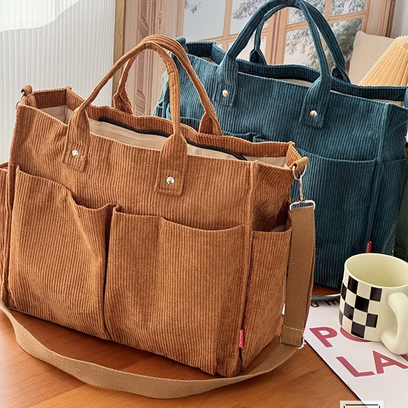 Bolso Tote de Terciopelo Acanalado con Bolsillos