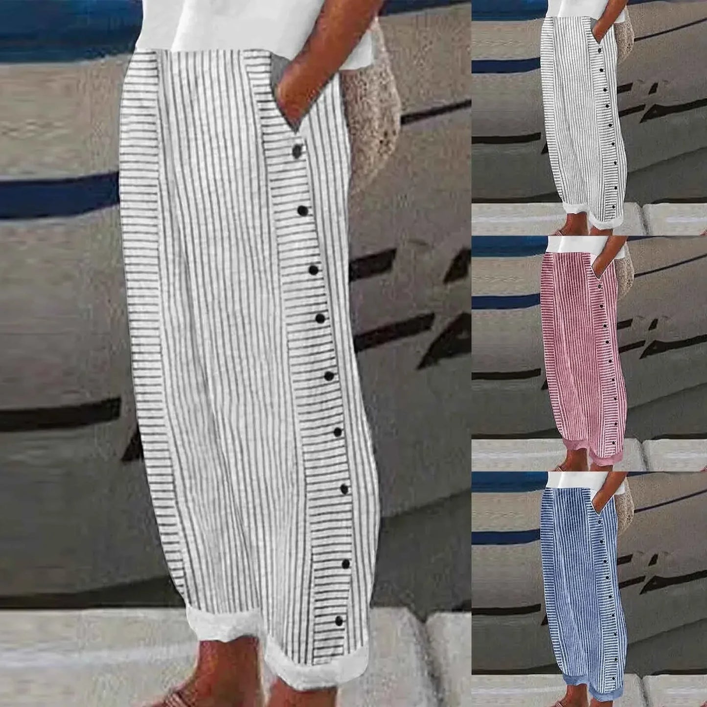Anna | Pantalones con Botones a Rayas Seabreeze