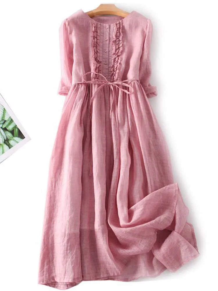 Arya - Vestido de Mujer Estilo Retro con Cuello Redondo y Cintas en la Cintura