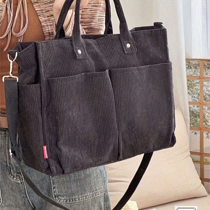 Bolso Tote de Terciopelo Acanalado con Bolsillos