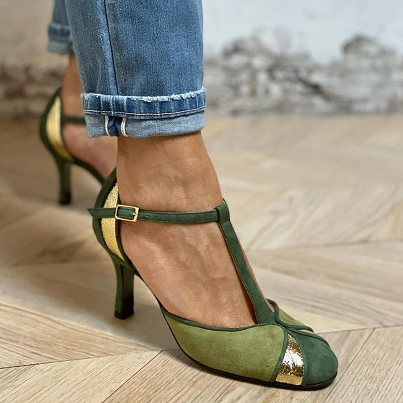 Taviana | Zapatos de tacón patchwork con tira T y punta cerrada