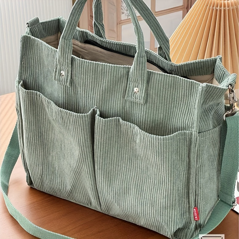 Bolso Tote de Terciopelo Acanalado con Bolsillos