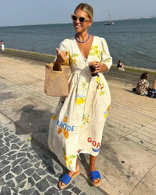 SOLÈNE™ | Vestido de Lino con Estampado