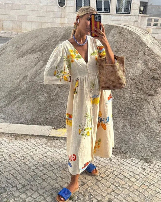 SOLÈNE™ | Vestido de Lino con Estampado