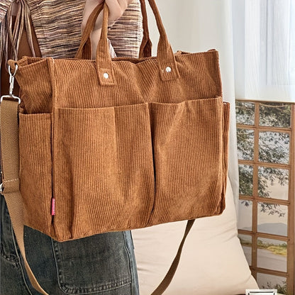 Bolso Tote de Terciopelo Acanalado con Bolsillos