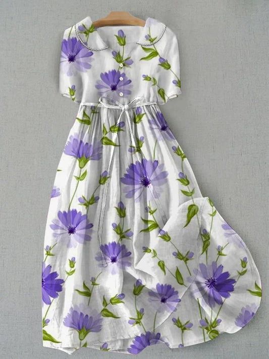 Sage - Vestido floral vintage con lazos en la cintura y mangas de tres cuartos