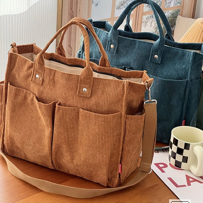 Bolso Tote de Terciopelo Acanalado con Bolsillos