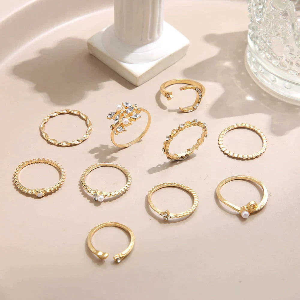 10 pares de anillos bohemios de plata y oro