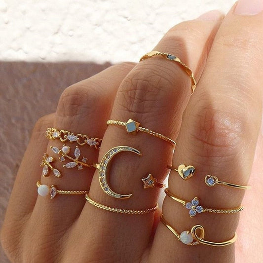 10 pares de anillos bohemios de plata y oro