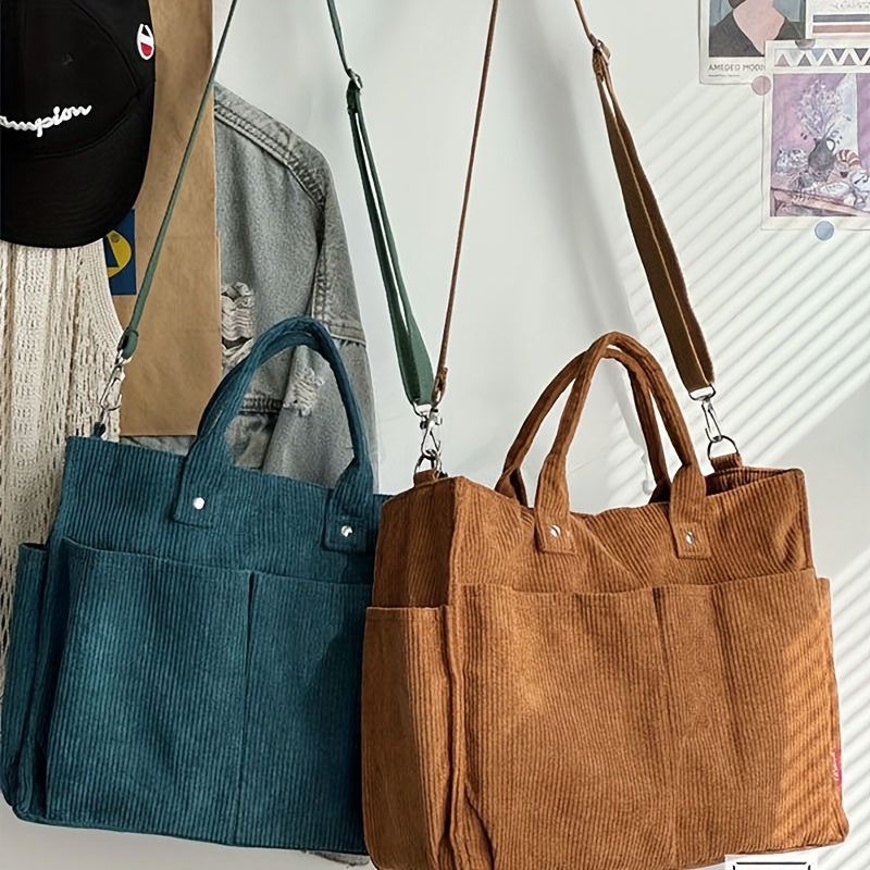 Bolso Tote de Terciopelo Acanalado con Bolsillos