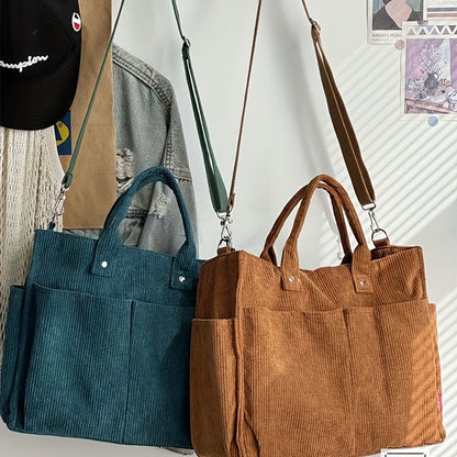 Bolso Tote de Terciopelo Acanalado con Bolsillos