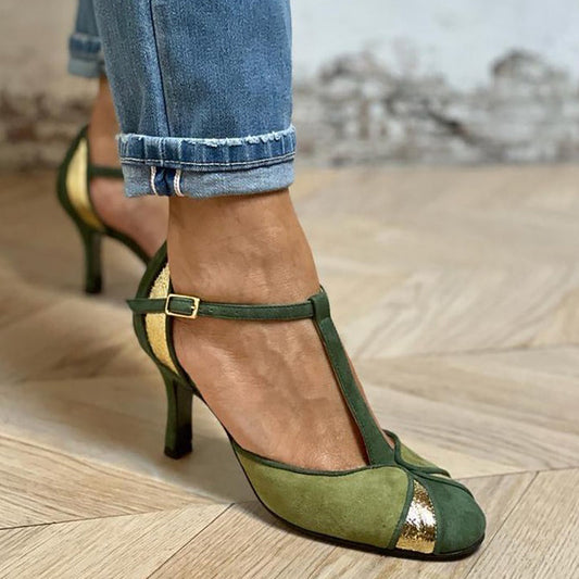 Taviana | Zapatos de tacón patchwork con tira T y punta cerrada